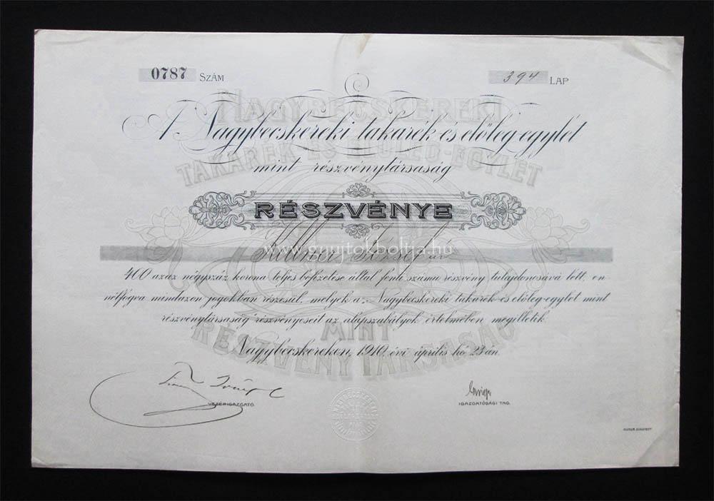 Nagybecskereki Takarék és Elõleg-Egylet 400 korona 1910 (SRB)
